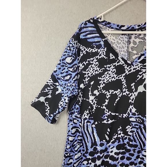 Attitudes Blue Animal Print Godet Midi Dress Women's Petite XL Stretch Pockets - Picture 4 of 13